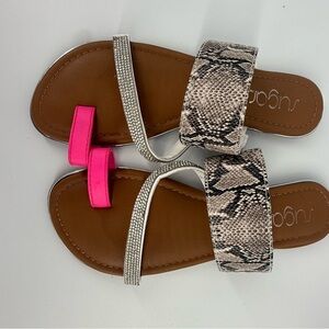 Sugar Dawson Slip On Sandals Faux Snakeskin Rhinestones Pink Toe Size 7 M